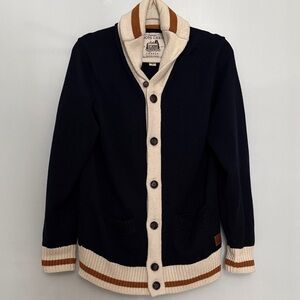 Roots Cabin Canada Shawl Collar Cardigan Navy/Cream Stripe Button Sweater size S